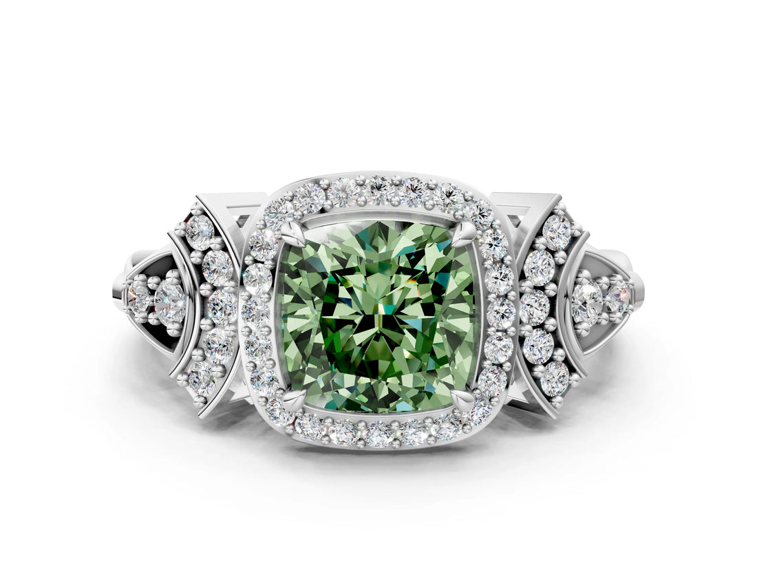 Silver Fancy Green Cushion Cut Halo Diamond Split Shank Engagement Ring with Four-Prong Setting_18
