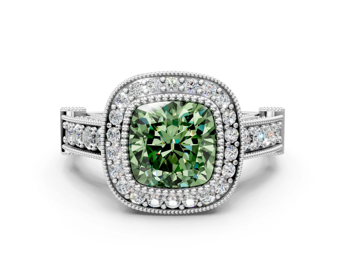 Silver Fancy Green Cushion Cut Halo Diamond Split Shank Pave Ring_12