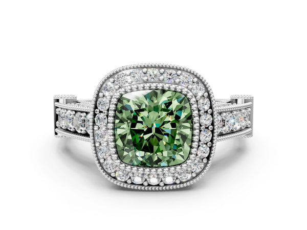 Sterling Silver Cushion Cut Vintage Bezel Halo Engagement Ring Setting for Fancy Green Center