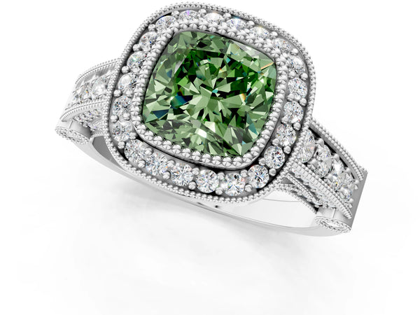 Sterling Silver Cushion Cut Vintage Bezel Halo Engagement Ring Setting for Fancy Green Center