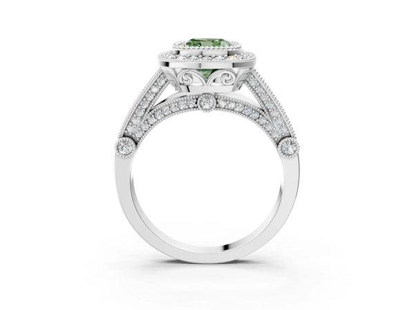 Sterling Silver Cushion Cut Vintage Bezel Halo Engagement Ring Setting for Fancy Green Center