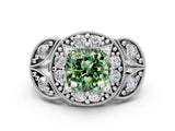 Silver Fancy Green Cushion Cut Halo Milgrain Diamond Engagement Ring with Leaf Band and Four-Prong Setting_6