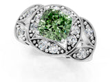 Silver Fancy Green Cushion Cut Halo Milgrain Diamond Engagement Ring with Leaf Band and Four-Prong Setting_7