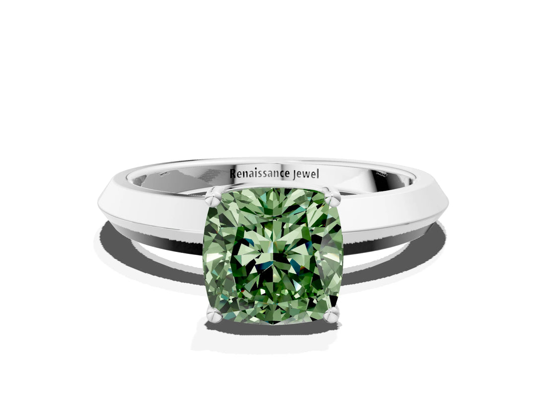 Silver Fancy Green Cushion  Cut Solitaire Engagement Ring with Flat Band and Four-Prong Setting