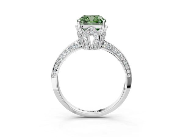 Sterling Silver Cushion Cut Graduated Pave Engagement Ring Setting for Fancy Green Center