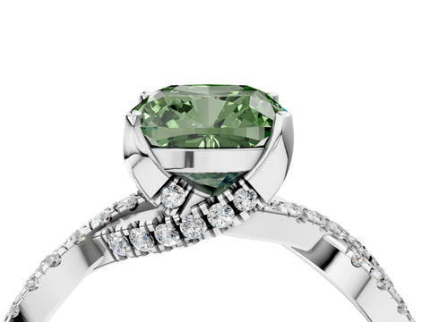 Silver Fancy Green Cushion Cut Solitaire Twist Pave Diamond Engagement Ring with Prong Setting_46