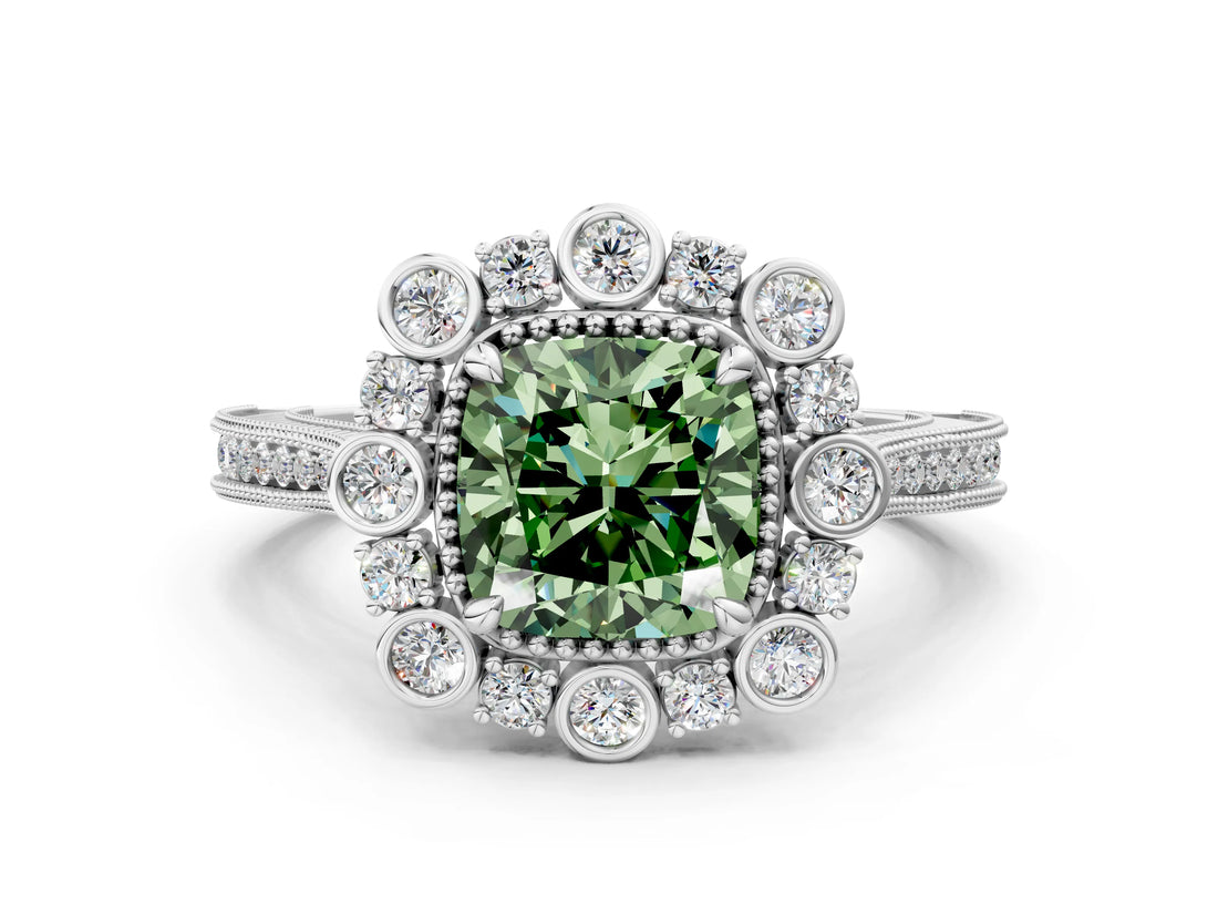 Silver Fancy Green Cushion  Halo Milgrain Pave Diamond Ring with Four-Prong Setting