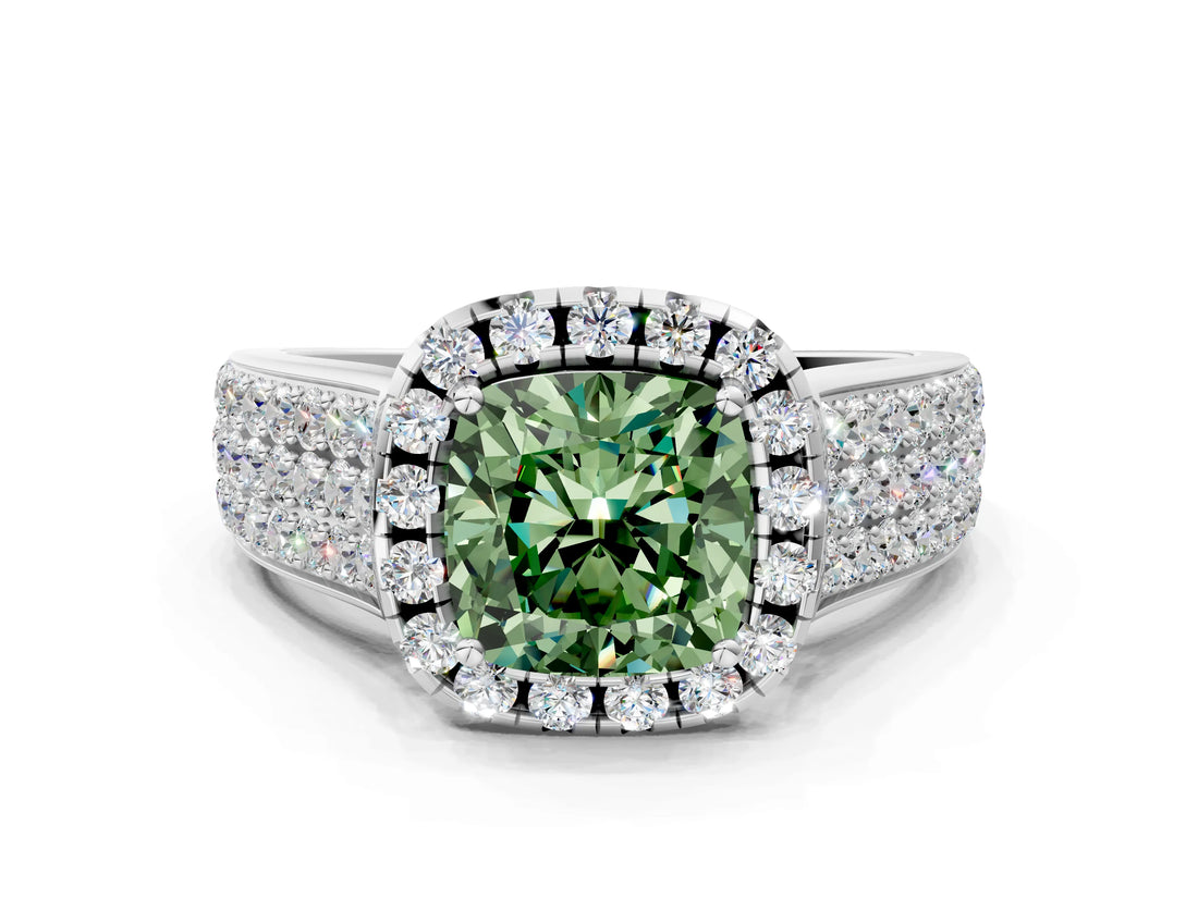 Silver Fancy Green Cushion  Halo Round Diamond Pave Band with Prong Setting 1