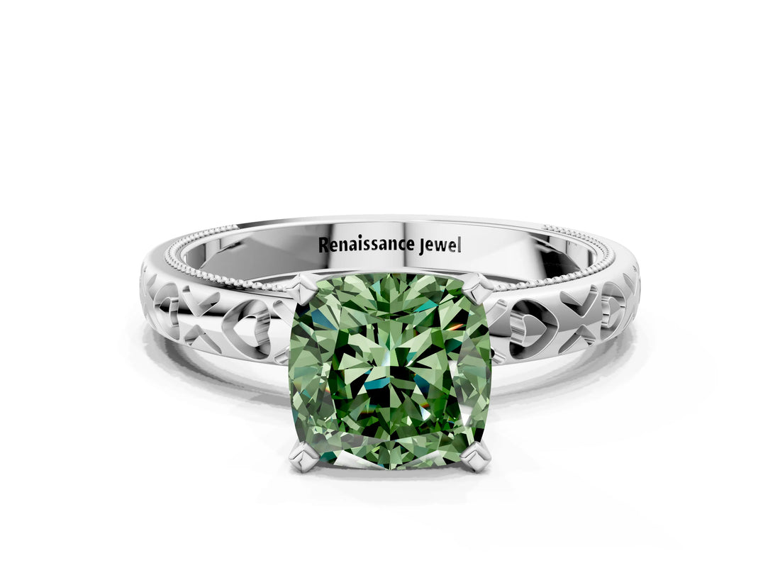 Silver Fancy Green Cushion  Solitaire Diamond Engagement Ring with XO Engraved Band and Four-Prong Setting