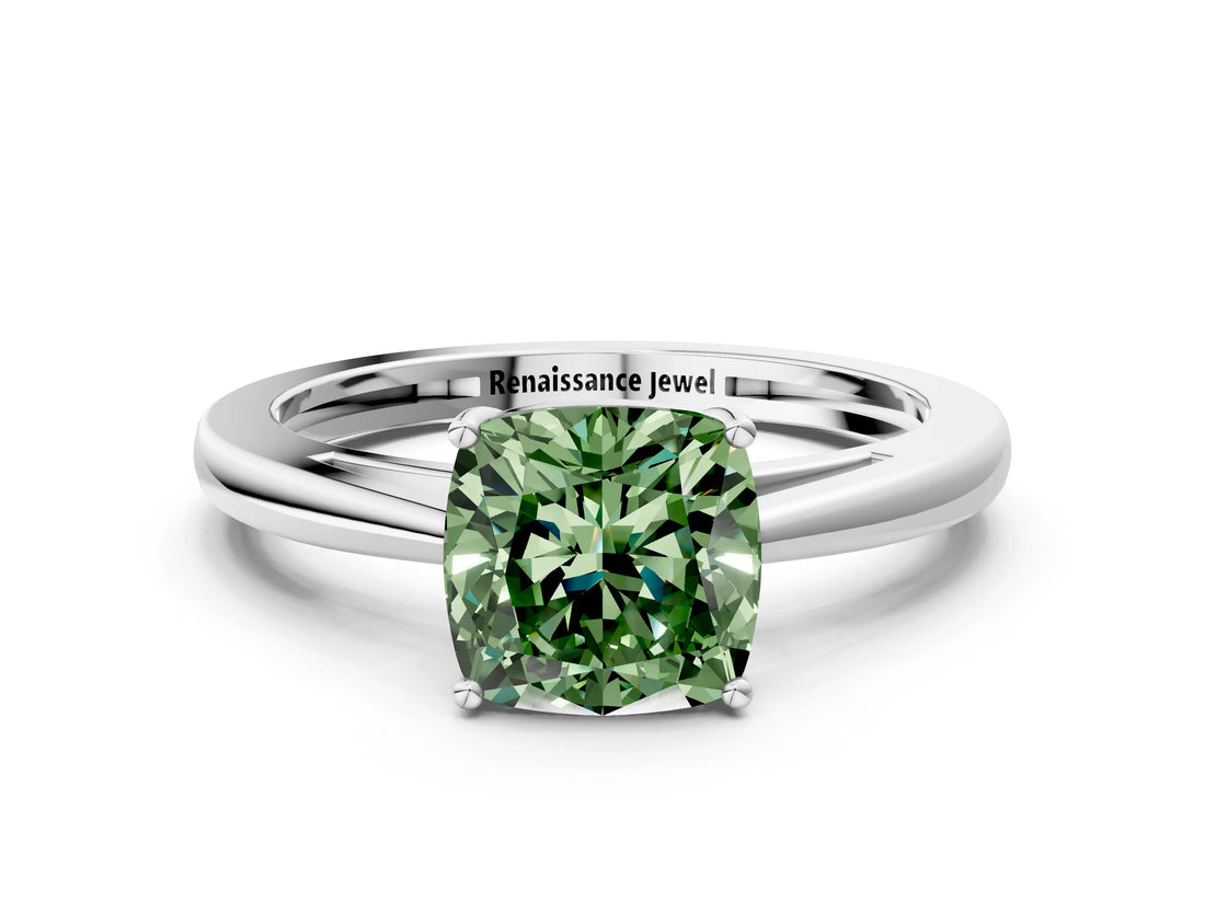 Silver Fancy Green Cushion  Solitaire Diamond Ring with Split Shank and Four-Prong Setting_12