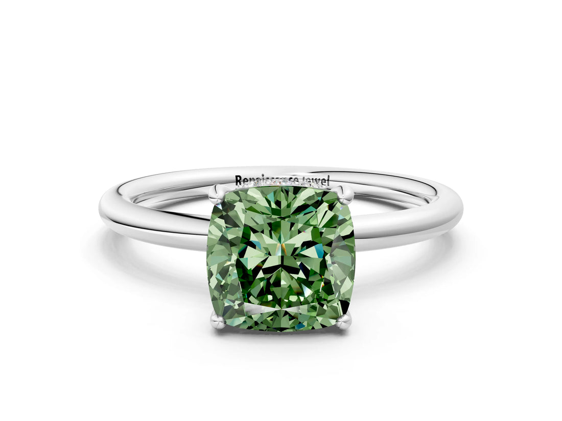 Silver Fancy Green Cushion  Solitaire Diamond Ring with a Classic Band and Four-Prong Setting