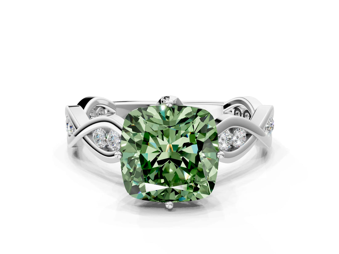 Silver Fancy Green Cushion  Solitaire Twist Band with Leaf Prong Setting