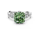 Silver Fancy Green Cushion  Solitaire Twist Band with Leaf Prong Setting