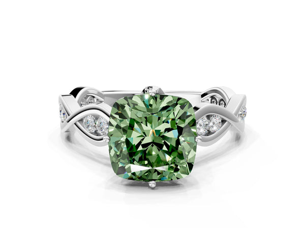 Sterling Silver Cushion Cut Accented Twist Engagement Ring Setting for Fancy Green Center