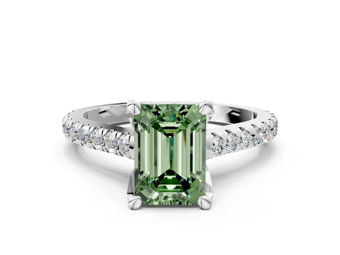 Silver Fancy Green Emerald  Brilliant Diamond Solitaire with Pavé Band and Four-Prong Setting 1