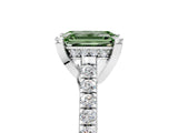 Silver Fancy Green Emerald  Brilliant Diamond Solitaire with Pavé Band and Four-Prong Setting