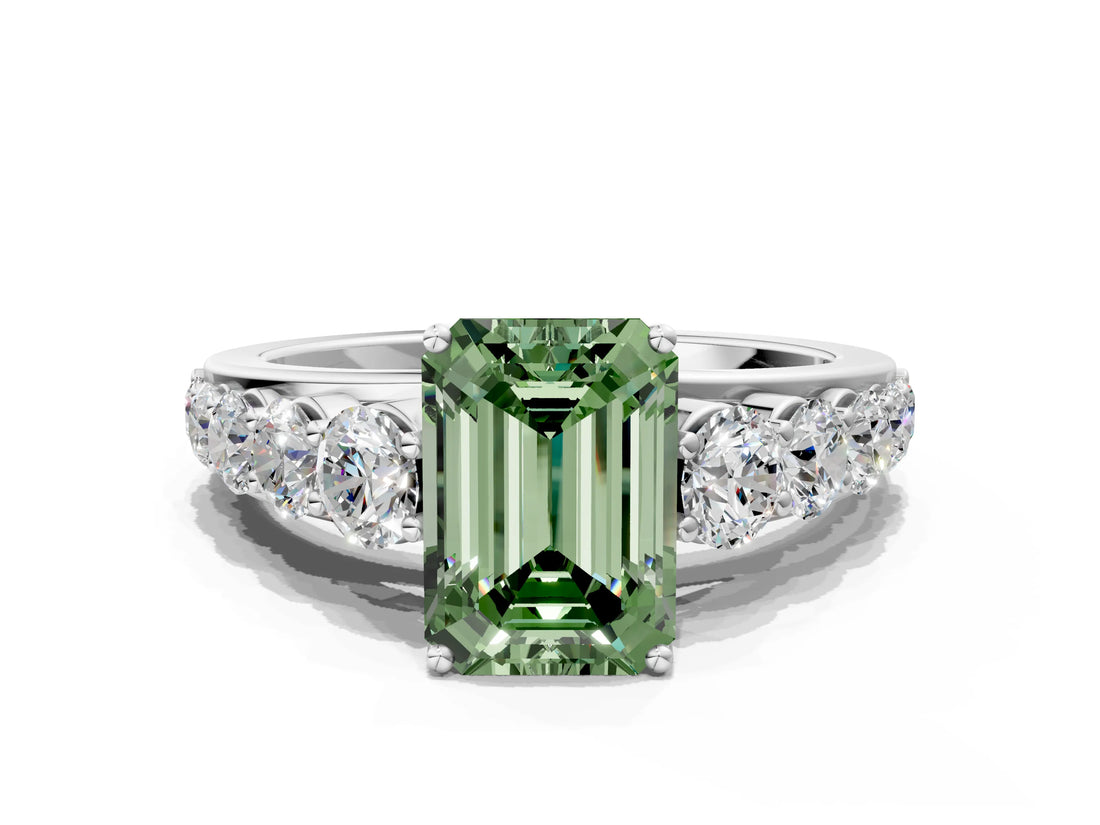 Silver Fancy Green Emerald Cut Brilliant Diamond Pavé Band with Six-Prong Setting_24