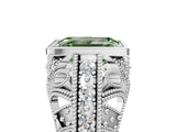 Silver Fancy Green Emerald Cut Brilliant Milgrain Filigree Diamond Ring with Square Prong Setting_11