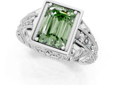 Silver Fancy Green Emerald Cut Brilliant Milgrain Filigree Diamond Ring with Square Prong Setting_7
