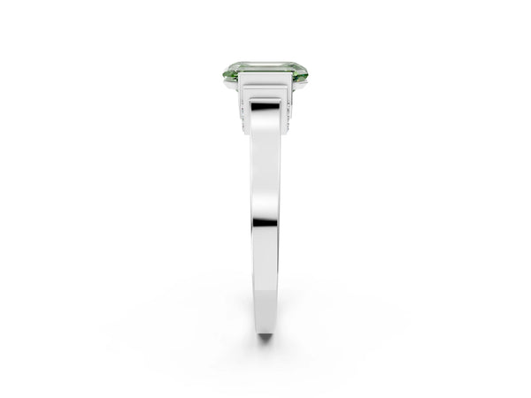 Silver Fancy Green Emerald Cut Brilliant Solitaire Diamond Ring with Channel Set Band and Bar Prong Setting
