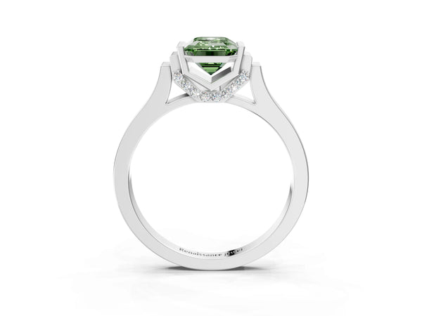 Silver Fancy Green Emerald Cut Brilliant Solitaire Diamond Ring with Channel Set Band and Bar Prong Setting