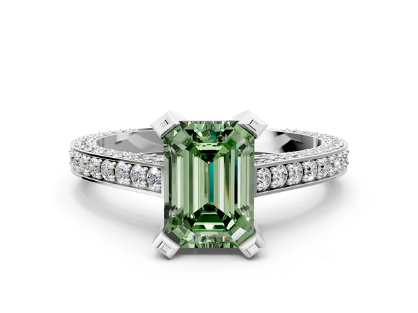 Silver Fancy Green Emerald Cut Brilliant Split Shank Pave Solitaire Ring with Four-Prong Setting