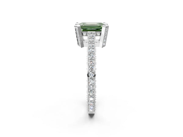 Silver Fancy Green Emerald Cut Brilliant Split Shank Pave Solitaire Ring with Four-Prong Setting