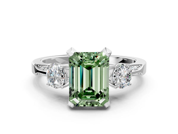 Sterling Silver Emerald Cut Three Stone Hidden Halo Engagement Ring Setting for Fancy Green Center