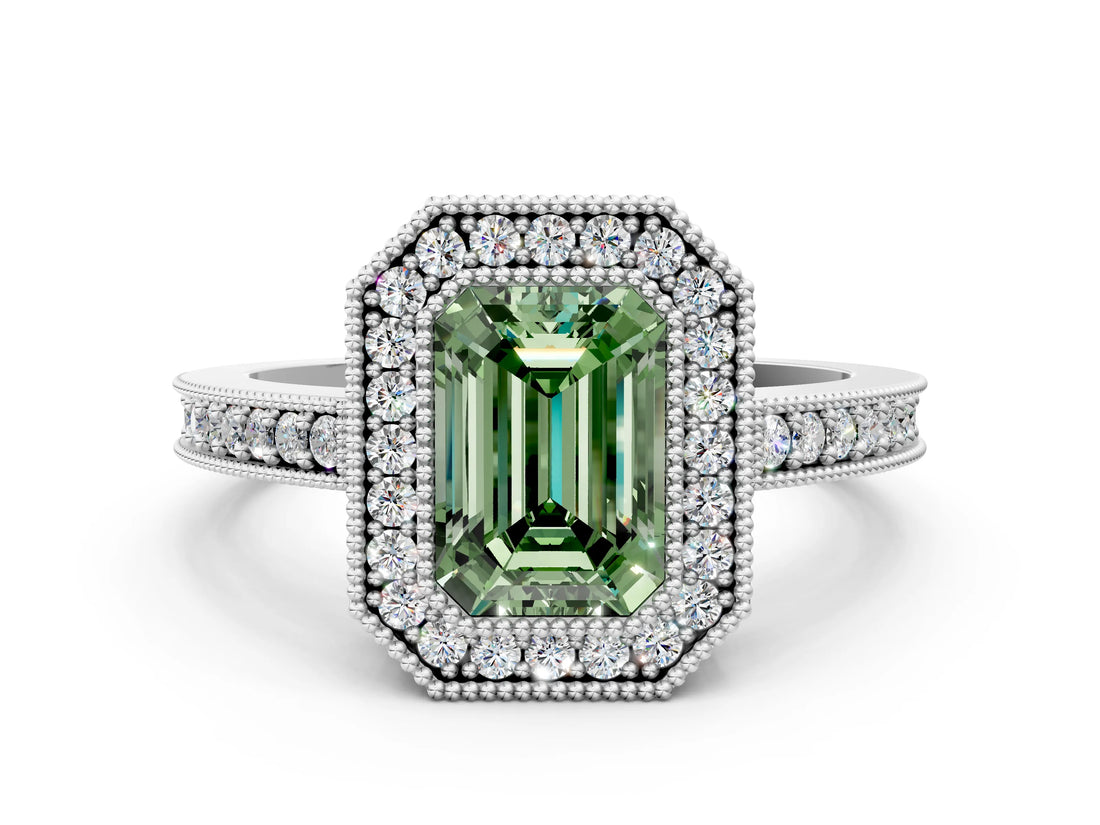 Silver Fancy Green Emerald Cut-Cut Diamond Halo Engagement Ring with Pave Band and Prong Setting_12