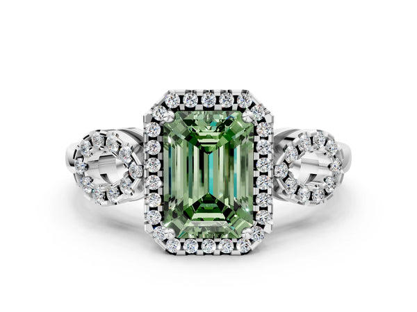 Sterling Silver Emerald Cut Pave Infinity Halo Engagement Ring Setting for Fancy Green Center