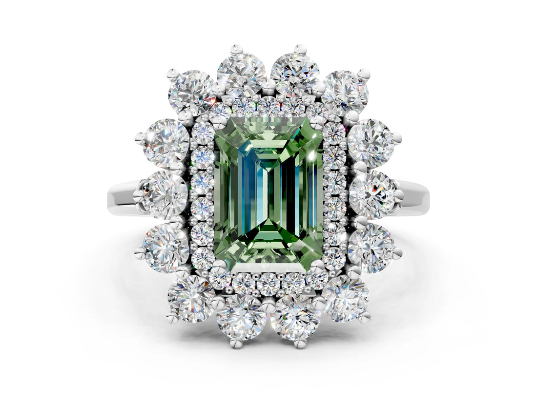 Silver Fancy Green Emerald Cut Diamond Floral Double Halo Engagement Ring with Prong Setting_127
