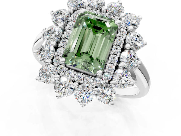 Sterling Silver Emerald Cut Floral Double Halo Engagement Ring Setting for Fancy Green Center