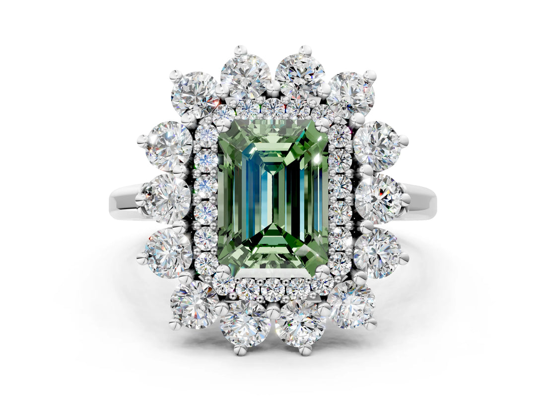 Silver Fancy Green Emerald Cut Diamond Floral Double Halo Engagement Ring with Prong Setting_30