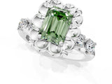 Silver Fancy Green Emerald  Cut Diamond Floral Halo Engagement Ring with Shared Prong Setting 2