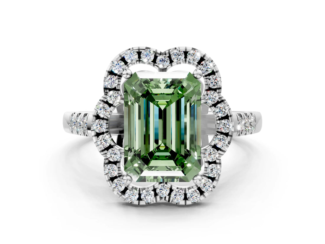 Silver Fancy Green Emerald Cut Diamond Floral Halo Split Shank Prong Setting Ring_6