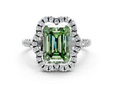 Silver Fancy Green Emerald Cut Diamond Floral Halo Split Shank Prong Setting Ring_6