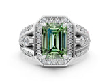 Silver Fancy Green Emerald Cut Diamond Halo Ring with Split Shank and Bezel Accents and Four-Prong Setting_12