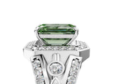 Silver Fancy Green Emerald Cut Diamond Halo Ring with Split Shank and Bezel Accents and Four-Prong Setting_17