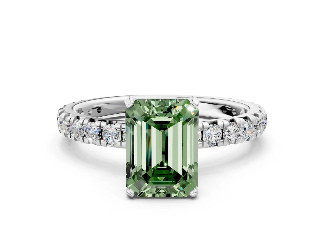 Silver Fancy Green Emerald Cut Diamond Pavé Solitaire Ring with Round Band and Prong Setting