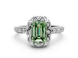 Silver Fancy Green Emerald Cut Diamond Scalloped Halo Engagement Ring with Round Shared Prong Band
