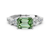 Silver Fancy Green Emerald Cut Diamond Scattered Round Accent Ring with Prong Setting_12