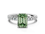 Silver Fancy Green Emerald Cut Diamond Solitaire Pavé Engagement Ring with Round Band and Prong Setting_2