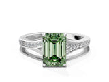 Silver Fancy Green Emerald Cut Diamond Solitaire Ring with Pavé Band and Prong Setting_12