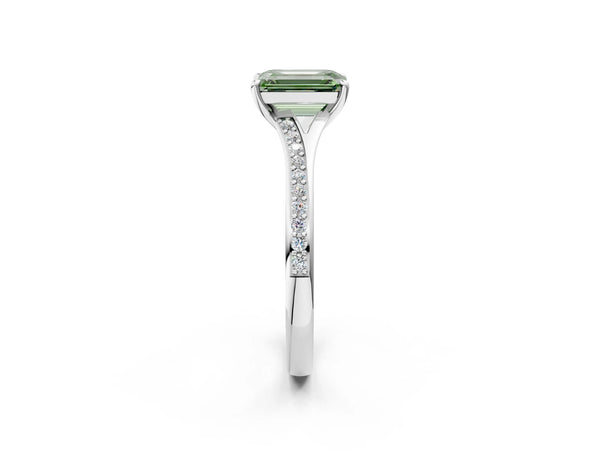Sterling Silver Emerald Cut Pave Solitaire Engagement Ring Setting for Fancy Green Center with Sweeping Shoulders