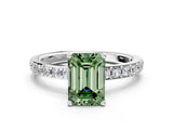 Silver Fancy Green Emerald  Cut Diamond Solitaire with Pave Band and Four-Prong Setting 1