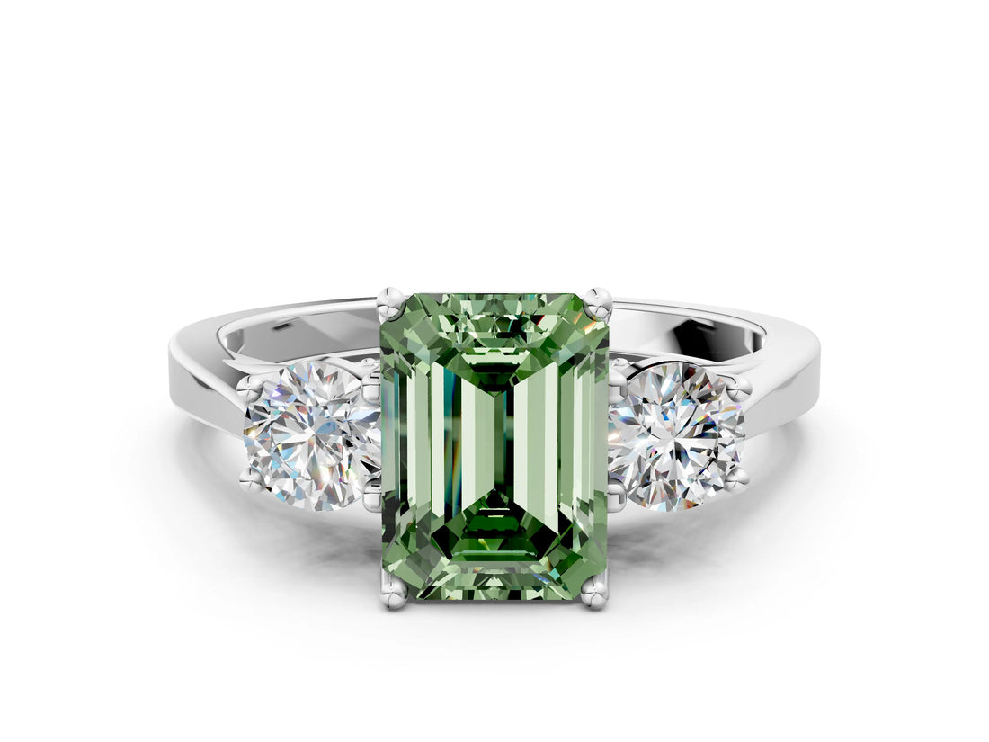 Silver Fancy Green Emerald Cut Diamond Three-Stone Engagement Ring with Prong Setting and Pavé Band_6