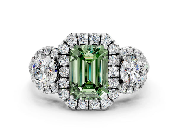 Sterling Silver Emerald Cut Three Stone Halo Engagement Ring Setting for Fancy Green Center