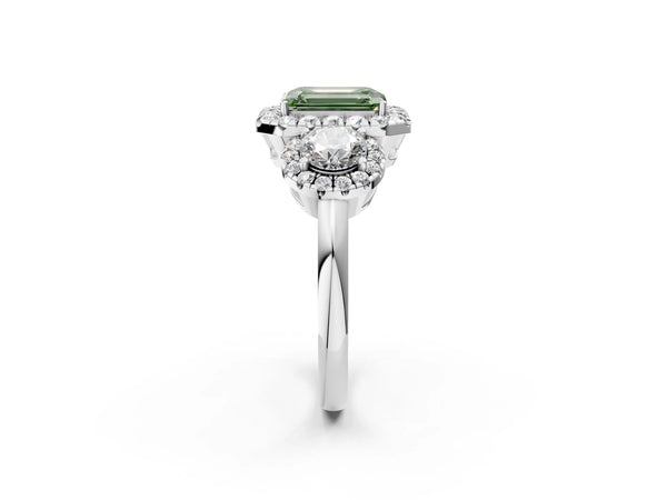 Sterling Silver Emerald Cut Three Stone Halo Engagement Ring Setting for Fancy Green Center