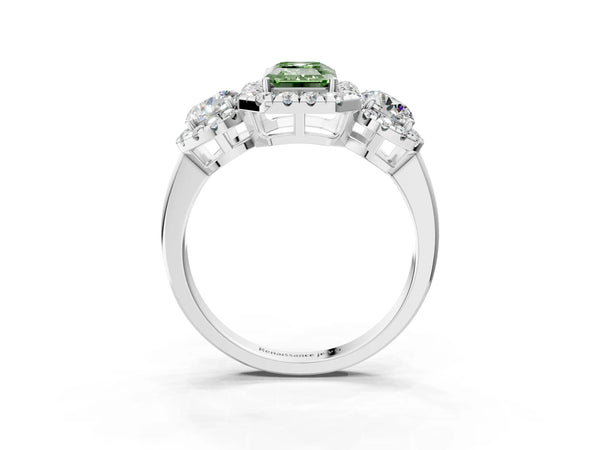 Sterling Silver Emerald Cut Three Stone Halo Engagement Ring Setting for Fancy Green Center