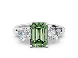 Silver Fancy Green Emerald Cut Diamond Three-Stone Ring with Prong Setting and Pavé Band_6